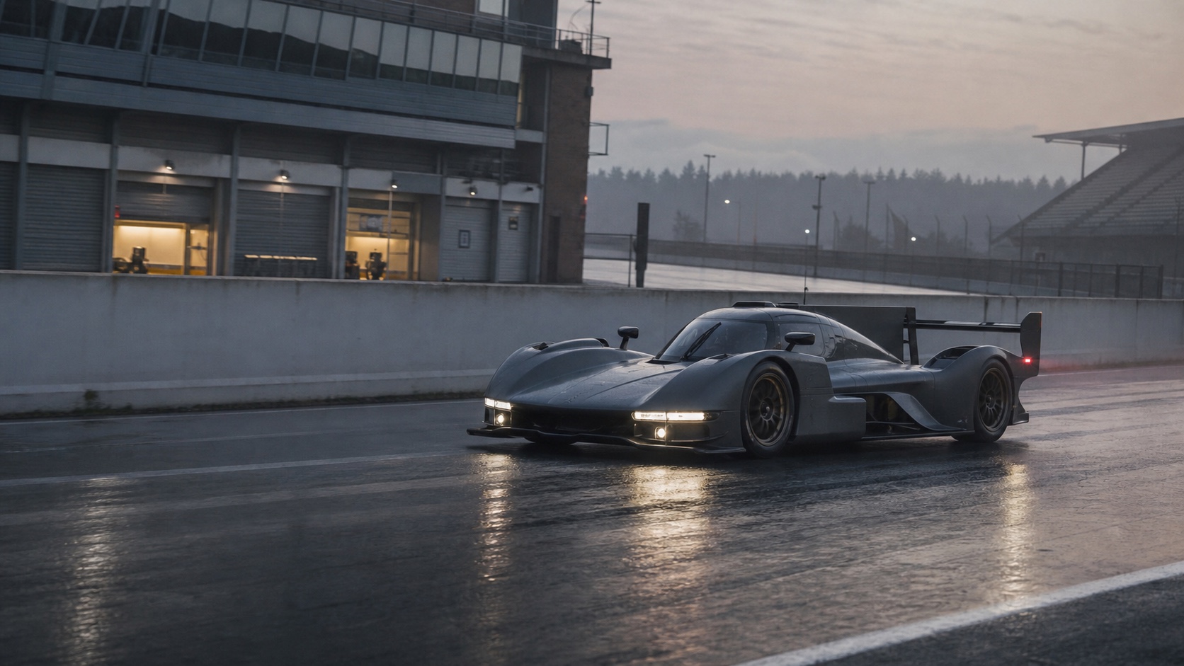 Conceptual electric endurance prototype at speed on a race circuit